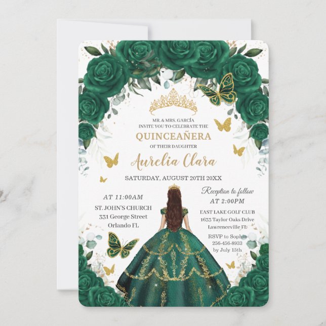 Invitation Quinceañera Emerald Green Floral Gold Princess In (Devant)