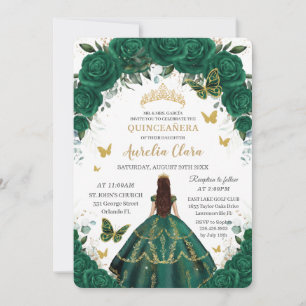 Invitation Quinceañera Emerald Green Floral Gold Princess In