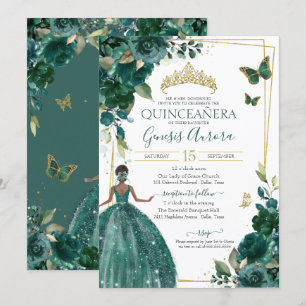Invitation Quinceañera Emerald Green Floral Papillons Robe
