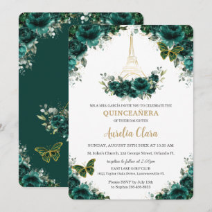 Invitation Quinceañera Emerald Green Floral Paris Papillons
