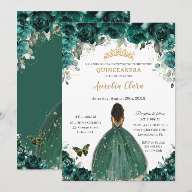 Invitation Quinceañera Emerald Green Floral Princess Crown (Devant / Derrière)