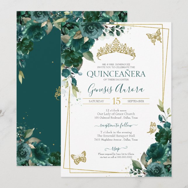 Invitation Quinceañera Emerald Green Gold Floral Butterfly (Devant / Derrière)