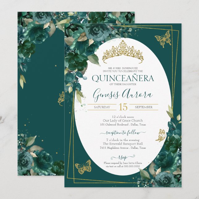 Invitation Quinceañera Emerald Green & Gold Floral Butterfly (Devant / Derrière)
