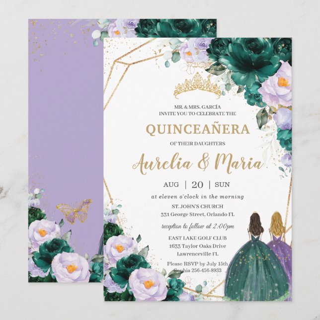 Invitation Quinceañera Emerald Green Lilac Floral Rose Twins (Devant / Derrière)