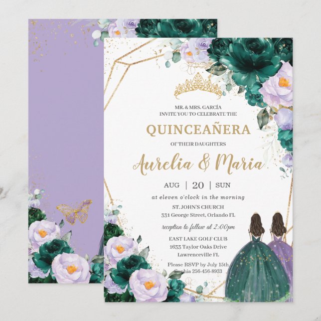 Invitation Quinceañera Emerald Green Lilac Floral Rose Twins (Devant / Derrière)