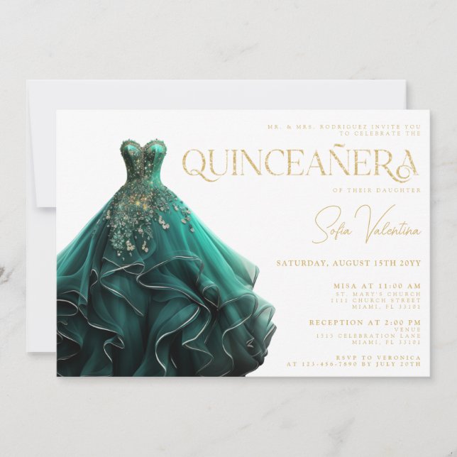 Invitation Quinceañera Emerald Green robe Gown Gold Princess (Devant)