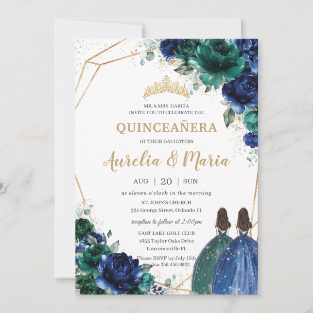 Invitation Quinceañera Emerald Green Royal Blue Floral Twins (Devant)