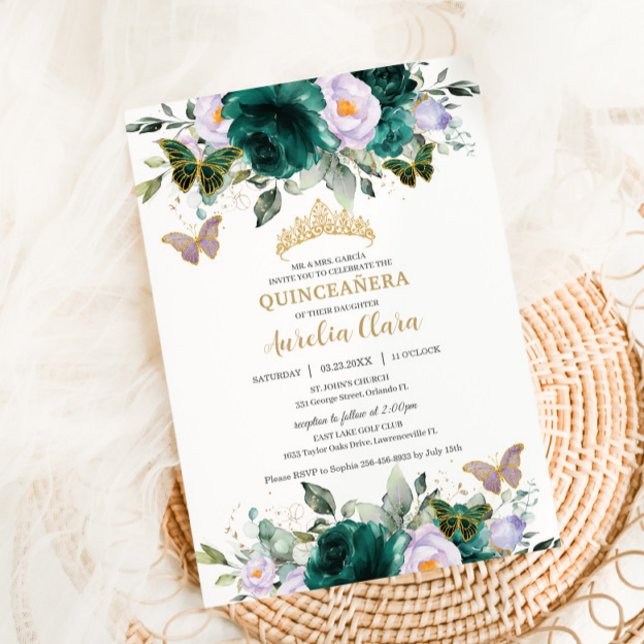 Invitation Quinceañera Emerald Purple Floral Butterflies or (Créateur téléchargé)