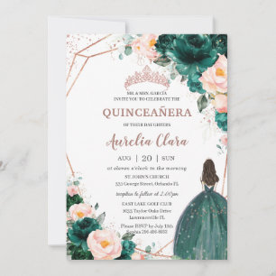 Invitation Quinceañera Émeraude Vert Clair Floral Rose Gold