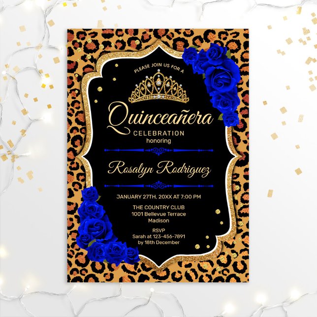 Invitation Quinceanera - Empreinte de léopard Gold Royal Blue (Créateur téléchargé)