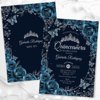 Quinceanera en argent bleu marine