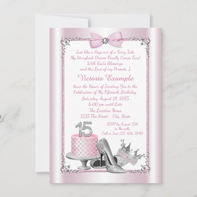 Invitation Quinceanera en argent rose 15e anniversaire Invita (Devant)