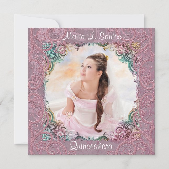 Invitation Quinceanera en bleu turquoise rose (Devant)