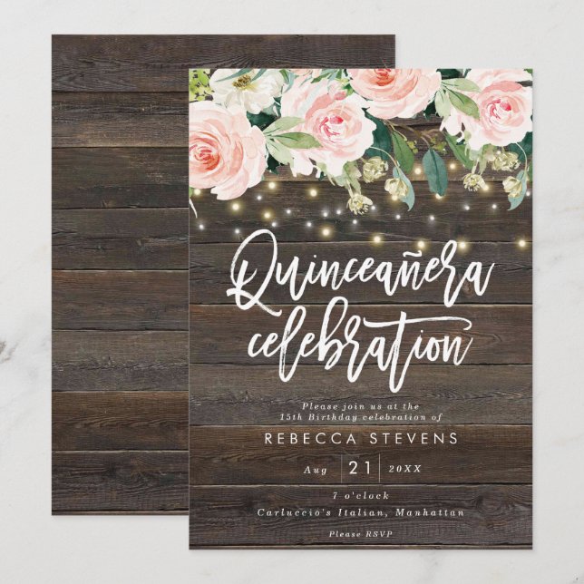 Invitation quinceanera en bois rustique fleuri 15e anniversai (Devant / Derrière)