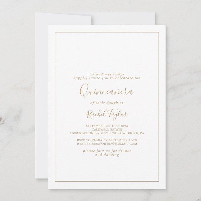 Invitation Quinceañera en or minimaliste (Devant)