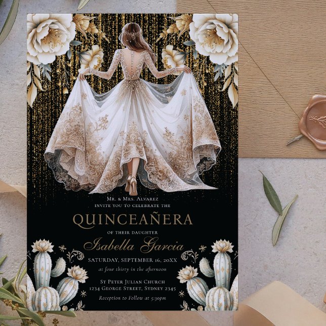 Invitation Quinceañera en or noir ivoire de luxe (Créateur téléchargé)