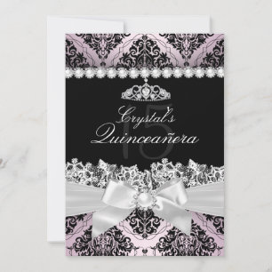 Invitation Quinceanera en soie rose et noire avec 