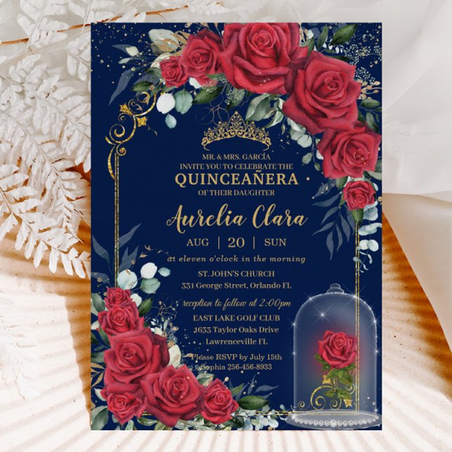 Invitation Quinceañera Enchantée Roses rouges Floral Marine B (enchanted red roses Quinceañera sweet 16 birthday invitation card printed instant download)