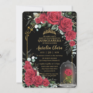 Invitation Quinceañera Enchantée Roses rouges Floral Or noir
