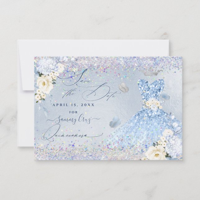 Invitation Quinceanera Enregistrer Date Blue Holographic Conf (Devant)