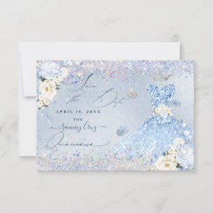 Invitation Quinceanera Enregistrer Date Blue Holographic Conf