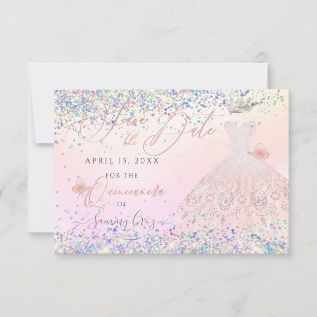 Invitation Quinceanera Enregistrer Date Holographique Confett (Devant)