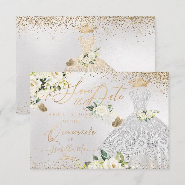 Invitation Quinceanera Enregistrer la date Argent Faux Partie (Devant / Derrière)