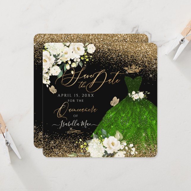Invitation Quinceanera Enregistrer la date Green Faux Parties (Devant/Arrière en situation)