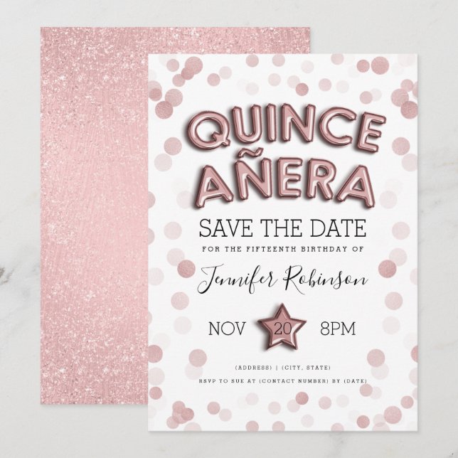 Invitation Quinceañera Enregistrer La Date Rose Parties scint (Devant / Derrière)