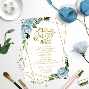 Invitation Quinceañera Espagnol Bleu Feuille D'Or