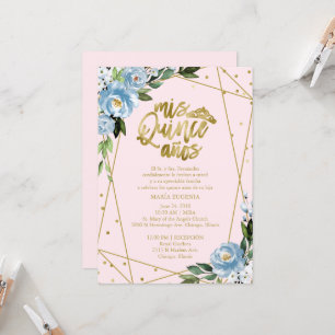 Invitation Quinceañera Espagnol Rose Bleu Feuille