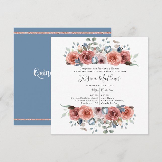 Invitation Quinceanera espagnole, bleu Dusty et florale rose (Devant / Derrière)