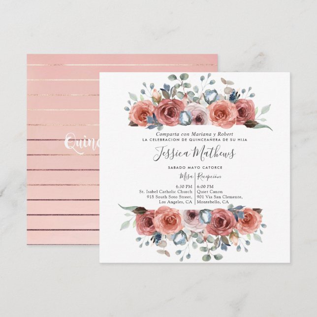 Invitation Quinceanera espagnole, Blush et Dusty Blue Floral (Devant / Derrière)
