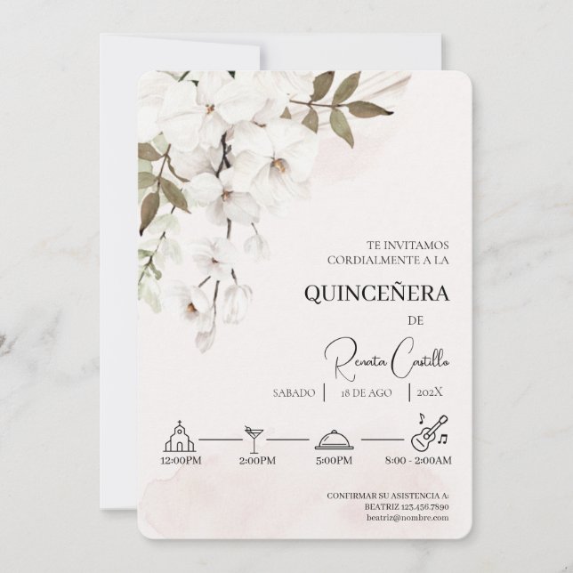 Invitation quinceañera espagnole florale blanche (Devant)