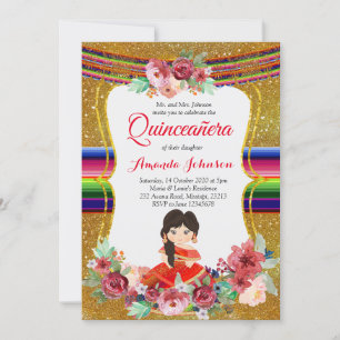 Invitation Quinceañera espagnole rouge et or pour anniversair