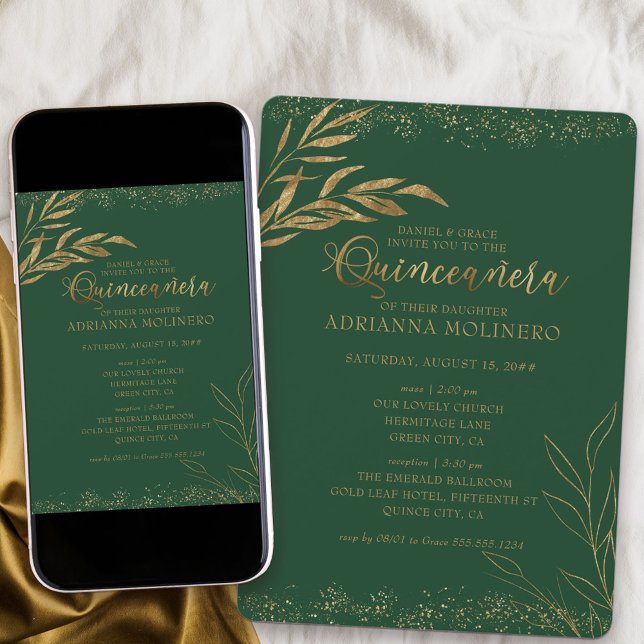 Invitation Quinceanera et Masse Élégante feuille verte et or (Church ceremony and Quinceanera invitation in emerald green from my Gold Leaf Collection
)
