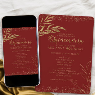 Invitation Quinceanera et Masse Feuille rouge et feuille d'or