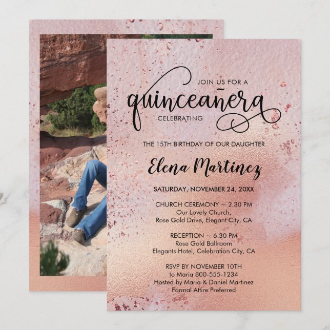 Invitation Quinceanera et messe Elegant Rose Gold Photo (Devant / Derrière)