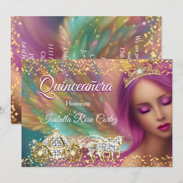 Invitation Quinceañera Fairytale Purple Pink Gold Carrie (Devant / Derrière)