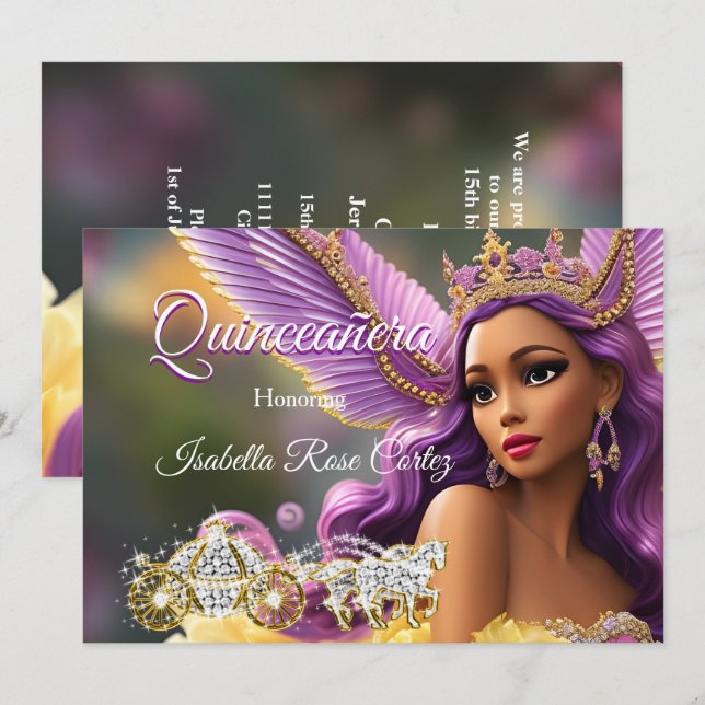 Invitation Quinceanera Fairytale Purple Rose Gold Carrie A (Devant / Derrière)