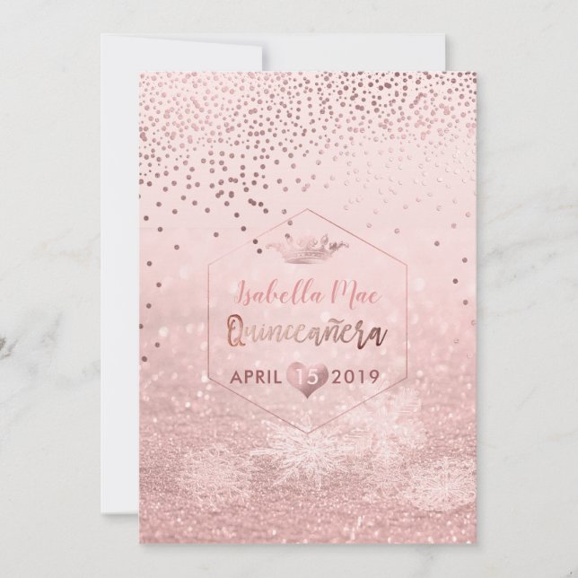 Invitation Quinceanera/Faux Rose Gold Confetti+Snow Bokeh (Devant)