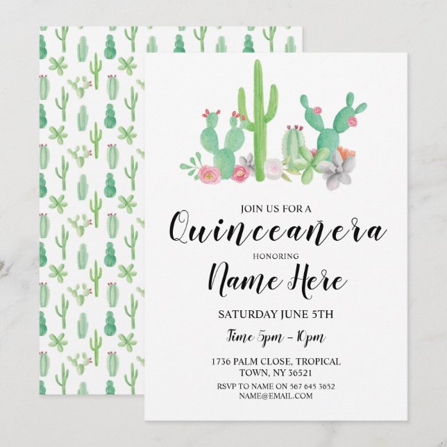 Invitation Quinceañera fête d'anniversaire Cactus Cactus Invi (Devant / Derrière)
