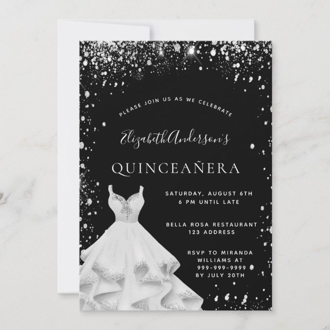 Invitation Quinceanera fête noir argent parties scintillant r (Devant)