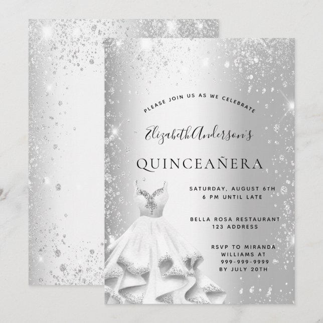 Invitation Quinceanera fête robe argent parties scintillant (Devant / Derrière)