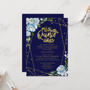 Invitation Quinceañera Feuille d'Or Fleurs Bleu Fo