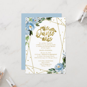 Invitation Quinceañera Feuille D'or Floral Bleu Po