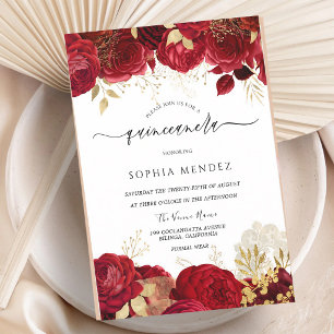 Invitation Quinceanera Feuille d'Or Rose Rouge
