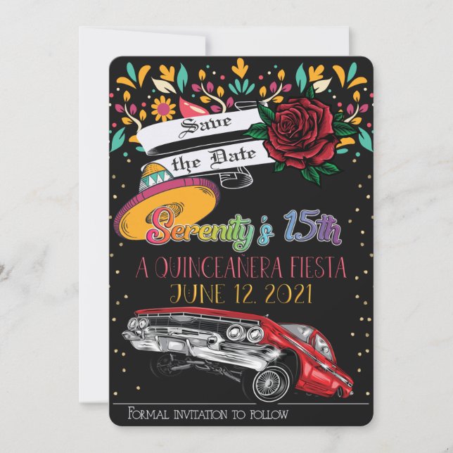 Invitation Quinceanera fiesta floral avec bassiste et rose ro (Devant)