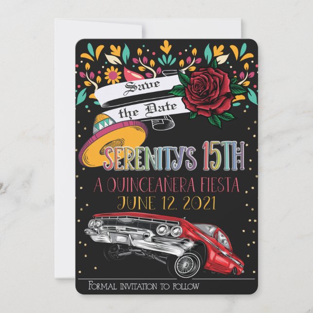 Invitation Quinceanera fiesta floral avec bassiste et rose ro (Devant)