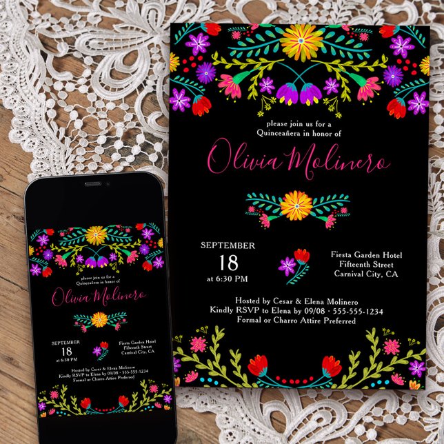 Invitation Quinceanera Fiesta mexicaine Coloré Floral Noir (Quinceanera invitation from my Mexican Fiesta Floral collection)